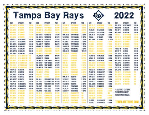 Tampa Bay Rays Schedule Printable